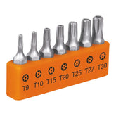 Juego de 7 puntas torx con seguro mixtas desde t9 hasta t30 costas truper expert..